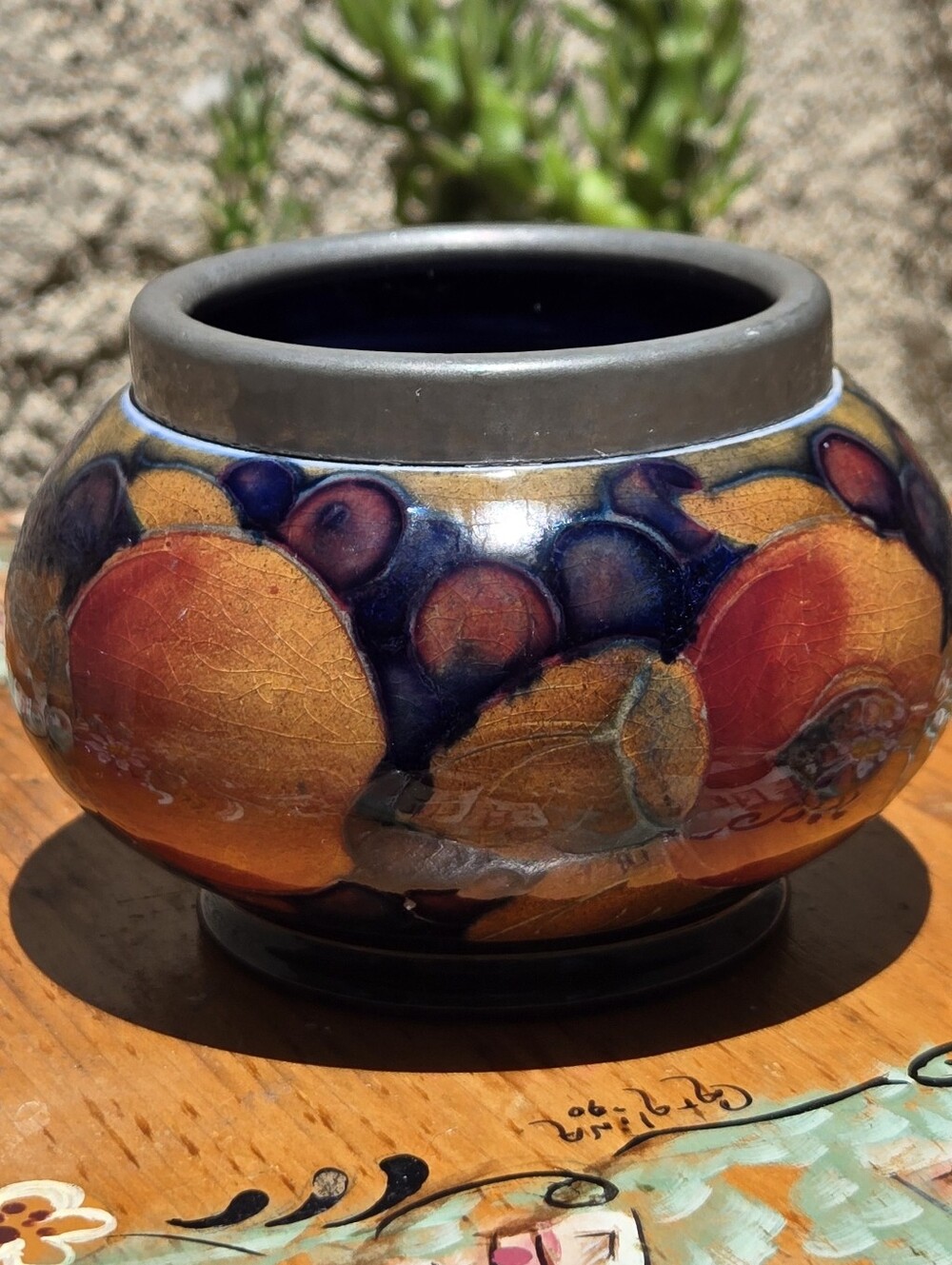 Antique William Moorcroft Pomegranate Mini Bowl Squat Pot Pewter Rim Art Pottery